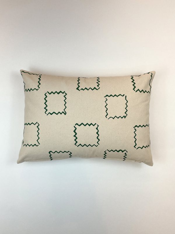 Zag Squares  Lumbar Throw Pillow by Nathan Turner - Green on Raw Canvas For Sale