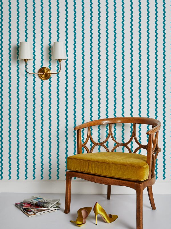 Ric-Rac Stripe on White  Wallpaper by Sarah Jessica Parker - Peacock For Sale