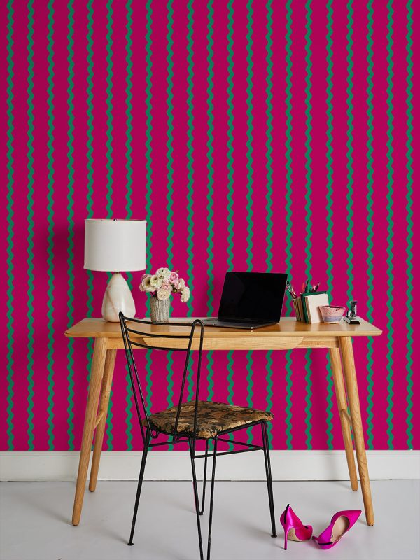 Ric-Rac Stripe  Wallpaper by Sarah Jessica Parker - Raspberry Emerald For Cheap