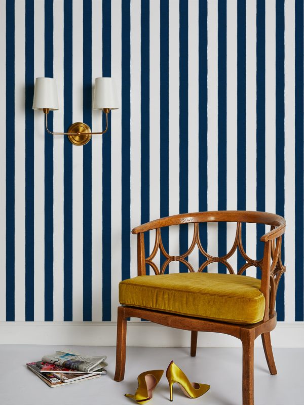 Grosgrain Stripe on White  Wallpaper by Sarah Jessica Parker - Navy Sale