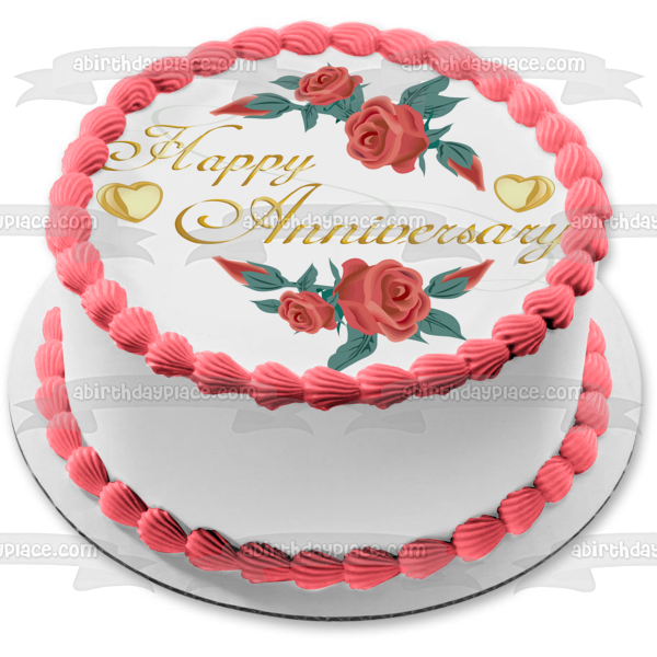 Happy Anniversary Red Roses Gold Hearts Edible Cake Topper Image ABPID13601 Hot on Sale