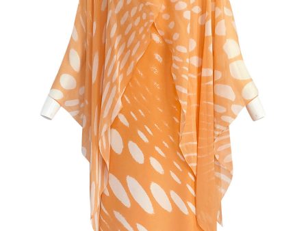 1980s Hanae Mori Pastel Tangerine & Ivory Printed Silk Chiffon Dress w Matching Chiffon Capelet Supply