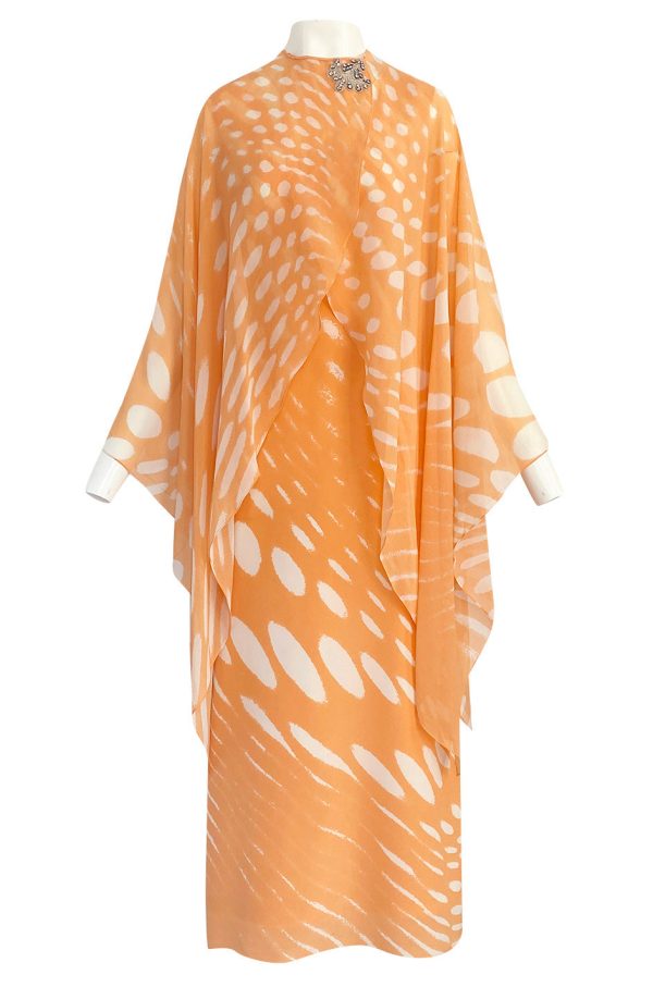 1980s Hanae Mori Pastel Tangerine & Ivory Printed Silk Chiffon Dress w Matching Chiffon Capelet Supply