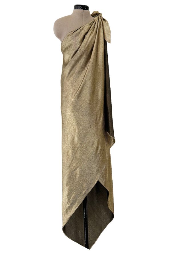 Halston 1976 Couture One Shoulder Gold Metallic Lame Sarong Dress For Discount