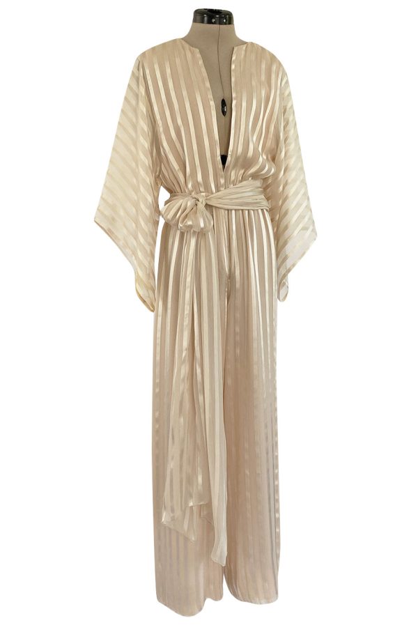 Halston 1976 Ivory Ribbon Silk Chiffon Ivory Jumpsuit w Original Sash For Discount