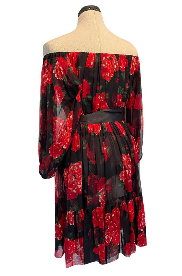 Documented Fall 1994 Yves Saint Laurent Silk Chiffon Off Shoulder Dress w Bold Red Rose Print Discount