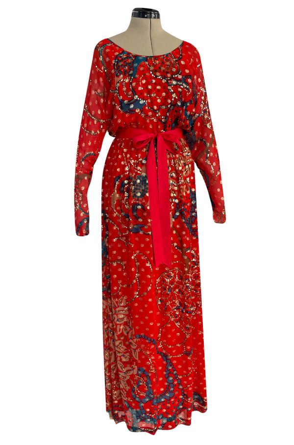 1970s Malcolm Starr by Youssef Rizkallah Sequinned Metallic Gold Lurex & Printed Red Silk Maxi Dress Online now