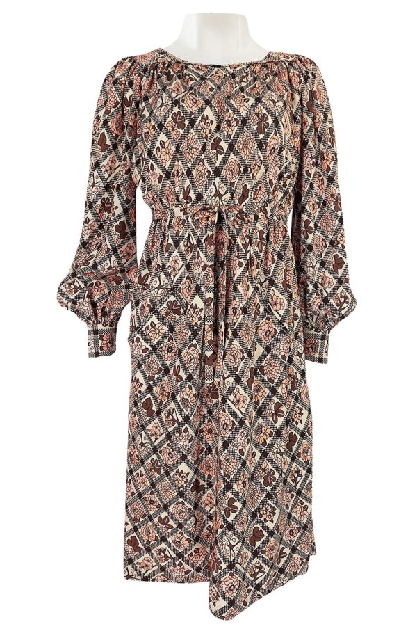 Prettiest 1970s Emanuel Ungaro Haute Couture Full Sleeved Floral & Lattice Printed Silk Dress Online Hot Sale