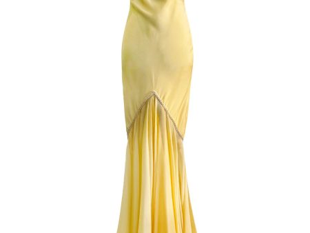 Prettiest 1980s Bob Mackie Pale Pastel Yellow Chiffon Dress w Draped Neckline & Flowing Skirt on Sale