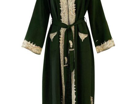 Wonderful 1920s Antique Hand Embroidered Crewel Deep Forest Green Wrap Robe or Coat Online Sale