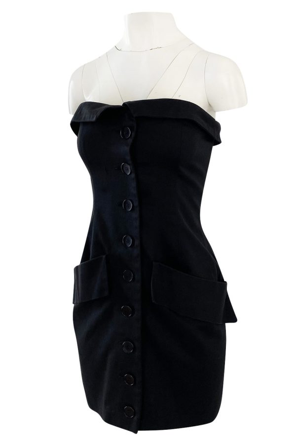 Spring 1985 Yves Saint Laurent Black Cotton Button Front Strapless Mini Dress w Pockets Online Hot Sale