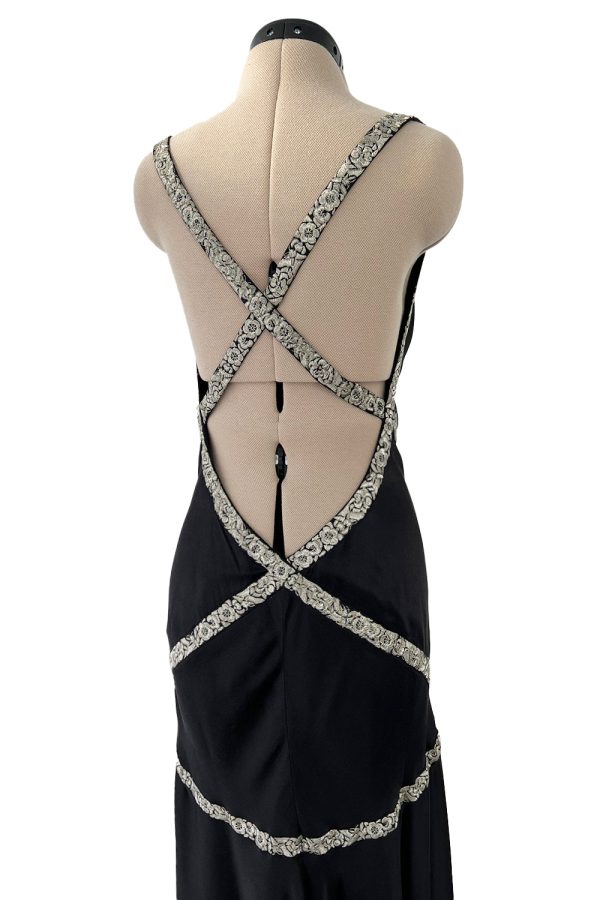 Alexander McQueen 2004 Bias Cut Dress w Bare Back & Silver Ribbon Detailing - 12-13.5  W Online Sale