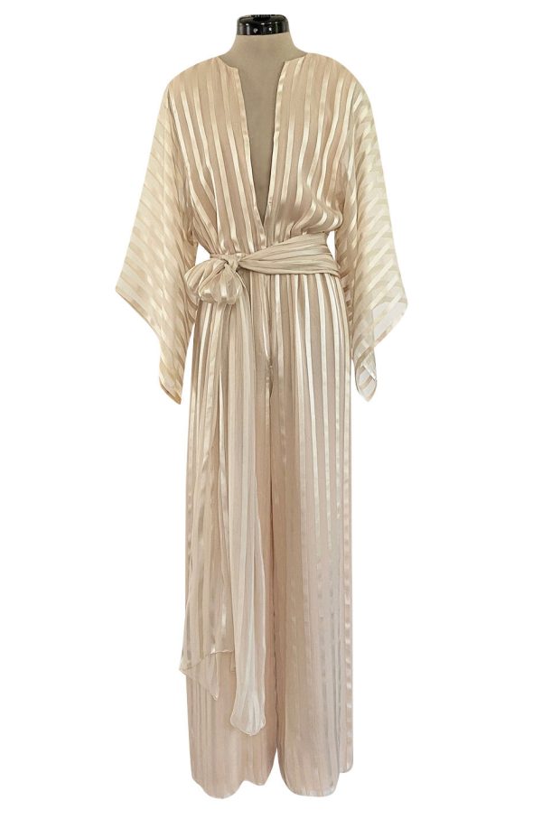 Halston 1976 Ivory Ribbon Silk Chiffon Ivory Jumpsuit w Original Sash For Discount