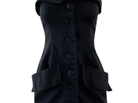 Spring 1985 Yves Saint Laurent Black Cotton Button Front Strapless Mini Dress w Pockets Online Hot Sale