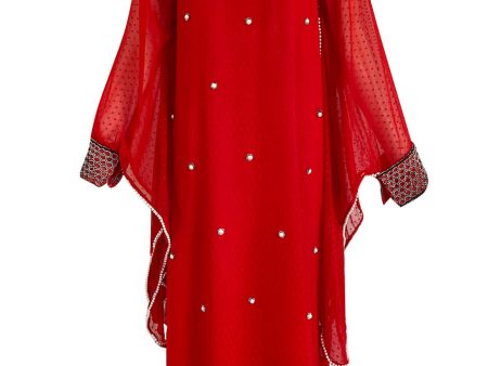 Striking 1970s Red Dotted Chiffon White Beaded Caftan Dress w Kimono Sleeves For Cheap