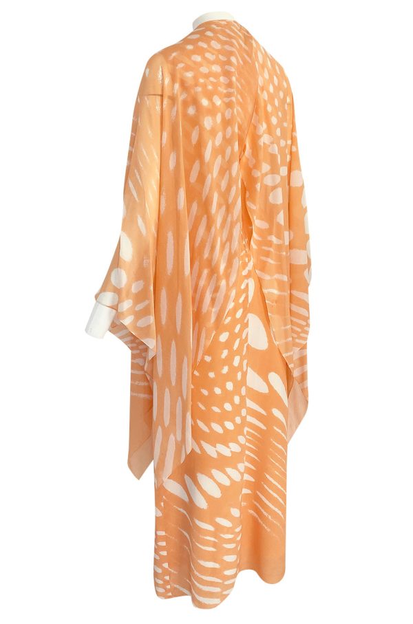 1980s Hanae Mori Pastel Tangerine & Ivory Printed Silk Chiffon Dress w Matching Chiffon Capelet Supply