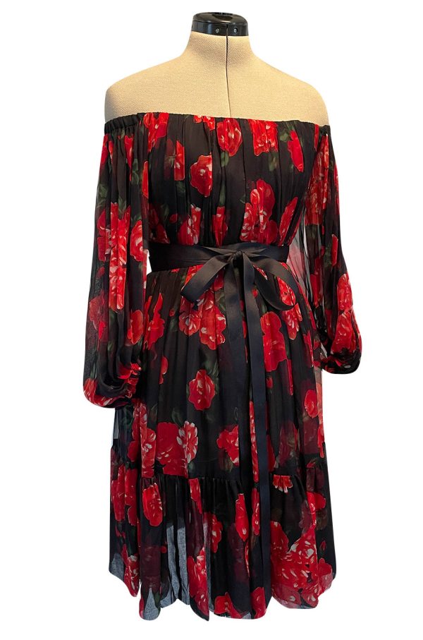 Documented Fall 1994 Yves Saint Laurent Silk Chiffon Off Shoulder Dress w Bold Red Rose Print Discount