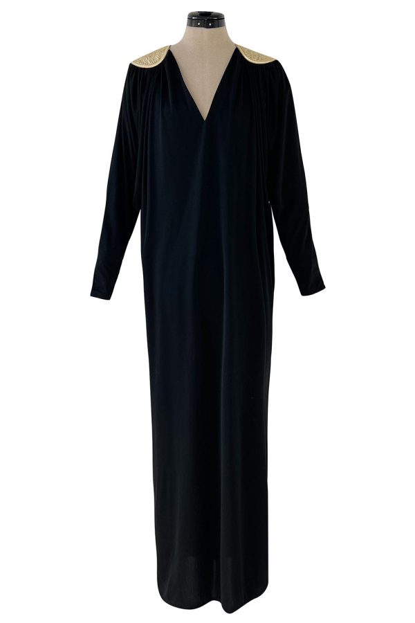 Easy to Wear 1980s Bill Tice Black Jersey Caftan Feel Dress w Gold Shoulder Detail Supply