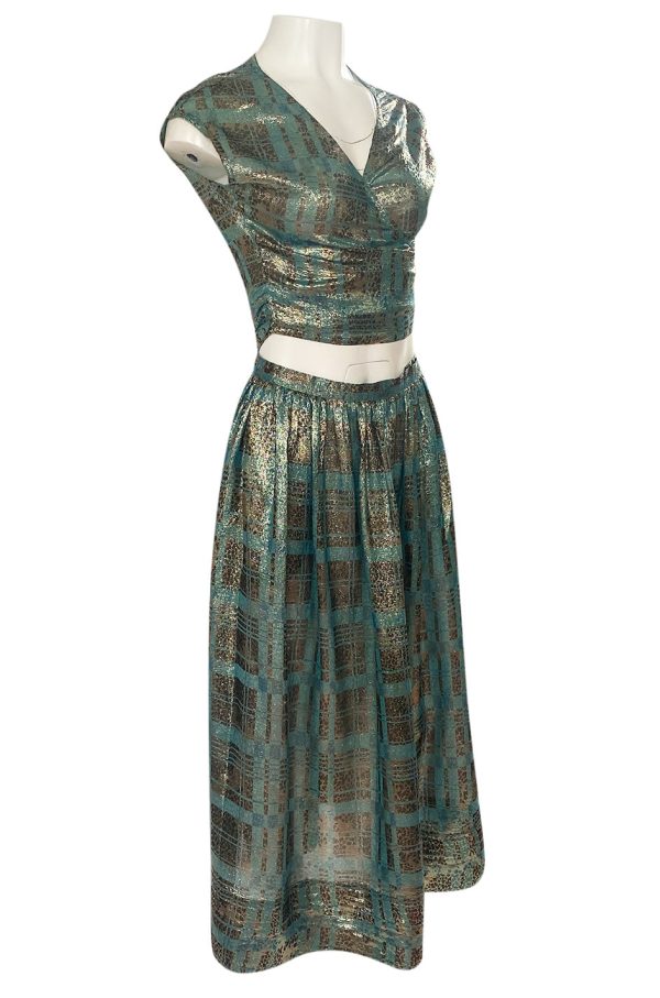 1980s Geoffrey Beene Gold & Turquoise Silk Lame Metallic Skirt & Top Set Sale