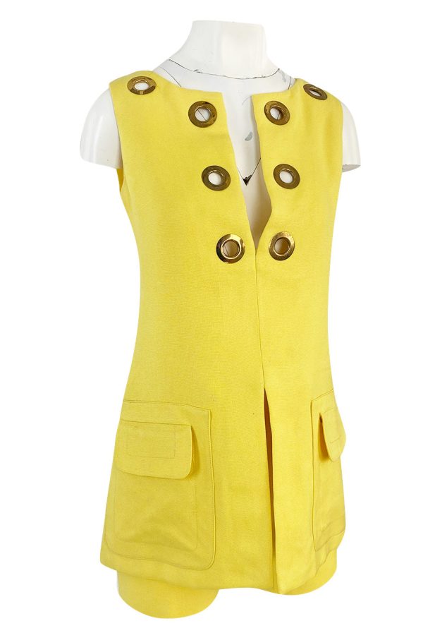 1960s Pierre Cardin Couture Bright Sunny Yellow Tunic & Hot Pant w Open Metal Grommets Sale