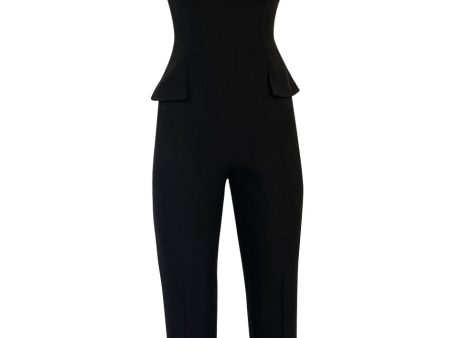 Pre-fall 1997 Christian Dior by Galliano Sleek Flared Leg Black Jumpsuit w Beaded Straps & Hip Peplum Fashion