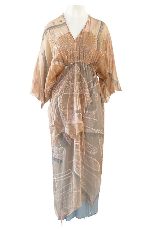 Spring 1980 Zandra Rhodes Book Piece  Chinese Constructivist & Clouds  Pale Peach & Blue Dress Sale