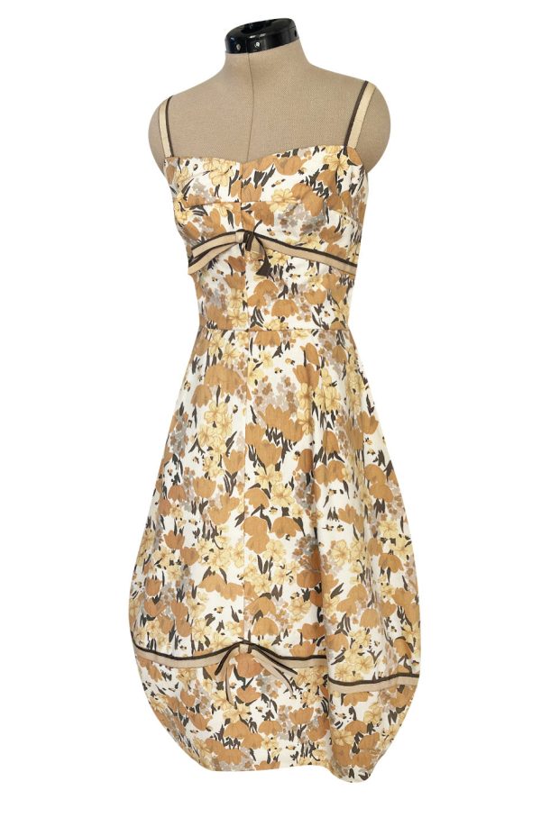 Rare 1960s Jane Derby by Oscar de la Renta Floral Print Dress w Ribbon & Bubble Skirt Detail Fashion