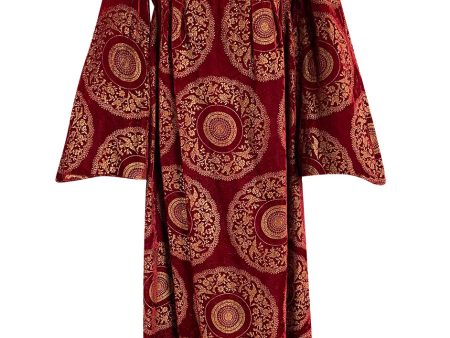 1930s Franco Bertoli Hand Painted Gold Patterned Caftan Dress on A Deep Red Silk Velvet on Sale