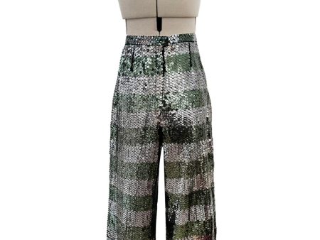 Amazing 1970s Yves Saint Laurent Couture Attrb Fully Sequin Green Gold Silver Wide Leg Pants Hot on Sale