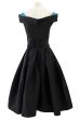 1950s Nettie Rosenstein Black Silk Full Skirted Dress w Interesting Blue Trim Neckline Online Sale