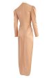 1981 Bill Tice Peach Nylon Jersey Long Sleeve Deep Plunge Dress w Gold Lame Flower & Trim Supply