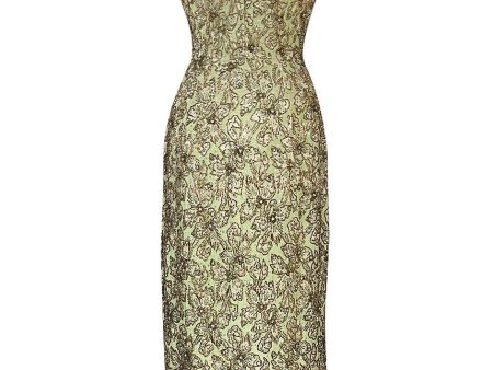 Incredible 1950s Mignon Densely & Heavily Beaded Green Silk Brocade Hourglass Dress Online now