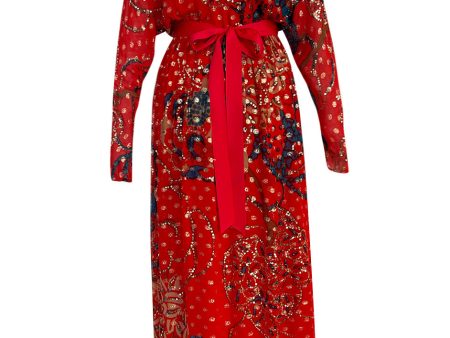 1970s Malcolm Starr by Youssef Rizkallah Sequinned Metallic Gold Lurex & Printed Red Silk Maxi Dress Online now