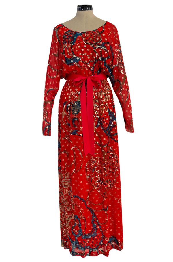 1970s Malcolm Starr by Youssef Rizkallah Sequinned Metallic Gold Lurex & Printed Red Silk Maxi Dress Online now