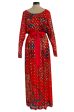 1970s Malcolm Starr by Youssef Rizkallah Sequinned Metallic Gold Lurex & Printed Red Silk Maxi Dress Online now