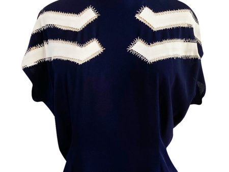 Wonderful 1940s Deep Blue Silk Top w Button Back, Front White Insets & Open Cut Work Online