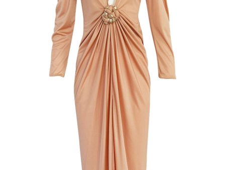 1981 Bill Tice Peach Nylon Jersey Long Sleeve Deep Plunge Dress w Gold Lame Flower & Trim Supply