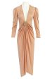 1981 Bill Tice Peach Nylon Jersey Long Sleeve Deep Plunge Dress w Gold Lame Flower & Trim Supply