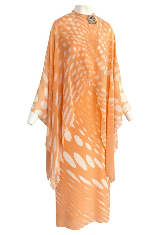 1980s Hanae Mori Pastel Tangerine & Ivory Printed Silk Chiffon Dress w Matching Chiffon Capelet Supply