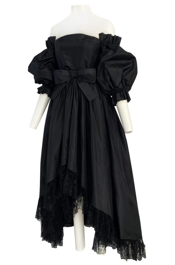 Important Fall 1959 Christian Dior by YSL Couture Black Silk Tafetta & Chantilly Lace Dress w Pouf Sleeves For Discount