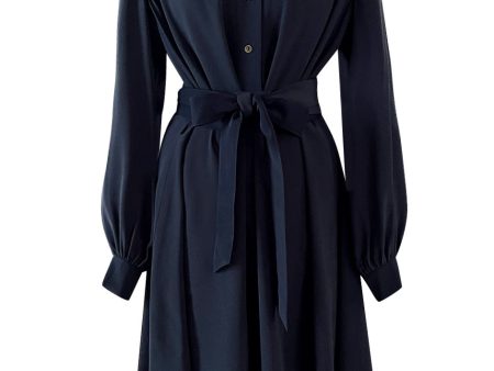 Early 2000s Lanvin by Alber Elbaz Deep Navy Blue Silk Shirt Dress W Extra Long Wrap Tie Belt For Sale