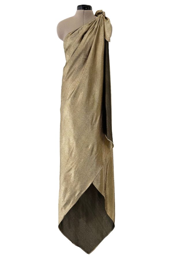 Halston 1976 Couture One Shoulder Gold Metallic Lame Sarong Dress For Discount