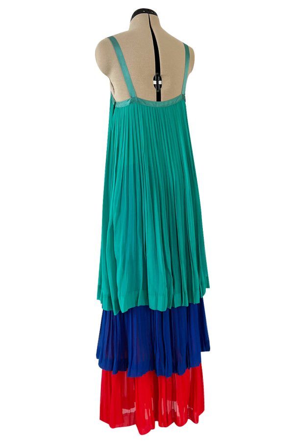 Spectacular Spring 1979 Yves Saint Laurent Silk Chiffon Pleat Dress In Green Blue & Red For Discount