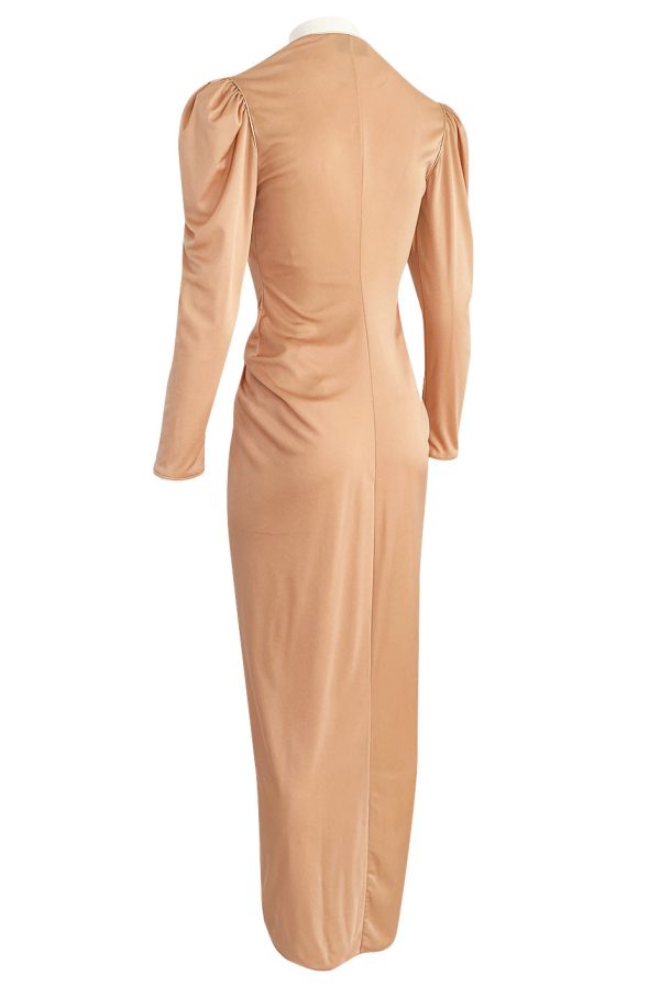 1981 Bill Tice Peach Nylon Jersey Long Sleeve Deep Plunge Dress w Gold Lame Flower & Trim Supply