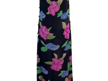 Custom 1970s James Galanos Floral Print Silk Chiffon Dress w Deep Plunging Black Lace Inserts Fashion