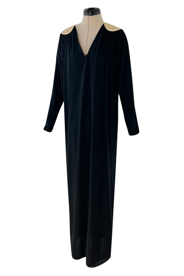 Easy to Wear 1980s Bill Tice Black Jersey Caftan Feel Dress w Gold Shoulder Detail Supply