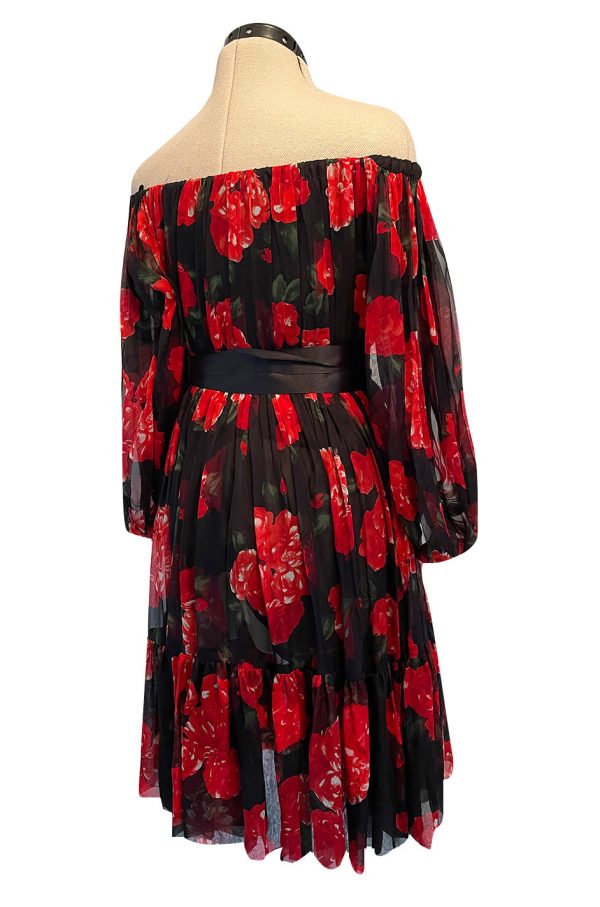 Documented Fall 1994 Yves Saint Laurent Silk Chiffon Off Shoulder Dress w Bold Red Rose Print Discount