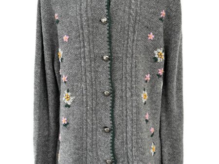 Wonderful 1980s Moser Deep Grey Colour Hand Knit Cardigan Sweater w Floral Details & Metal Buttons Online Hot Sale