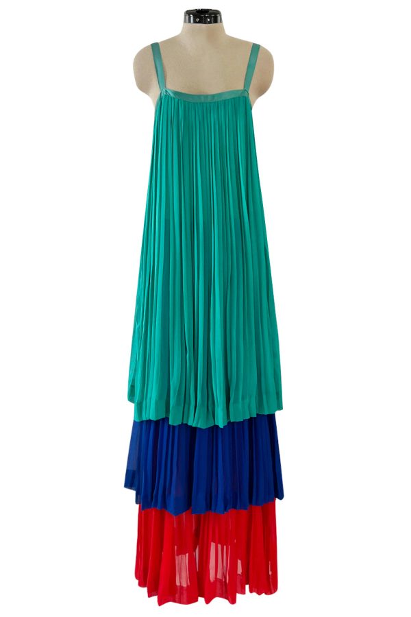 Spectacular Spring 1979 Yves Saint Laurent Silk Chiffon Pleat Dress In Green Blue & Red For Discount