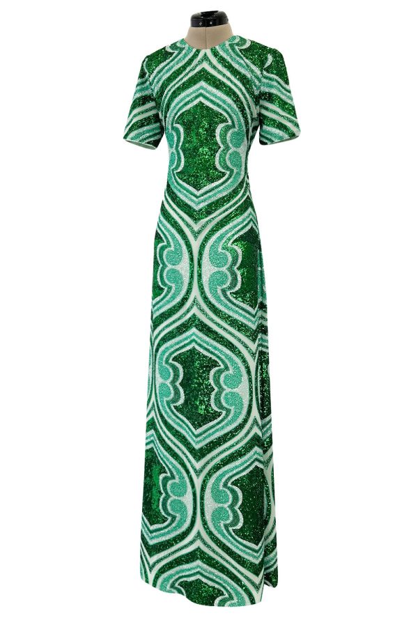 Magnificent Spring 2022 Etro Runwy Look 38 Fully Sequinned Green Silk Chiffon Full Length Dress For Cheap